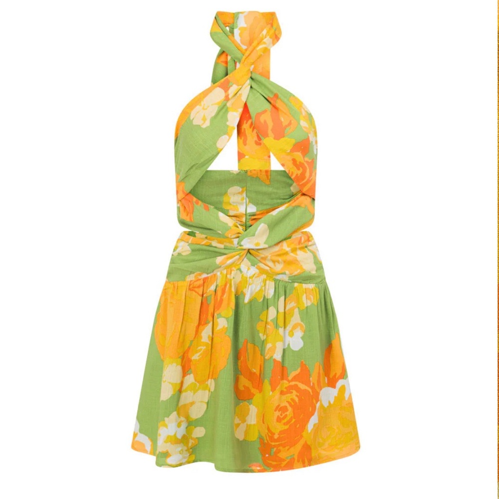 Sabo Skirt Amina Halter minidress in floral sunset, cutouts, worn once, Size 2 - Picture 4 of 11